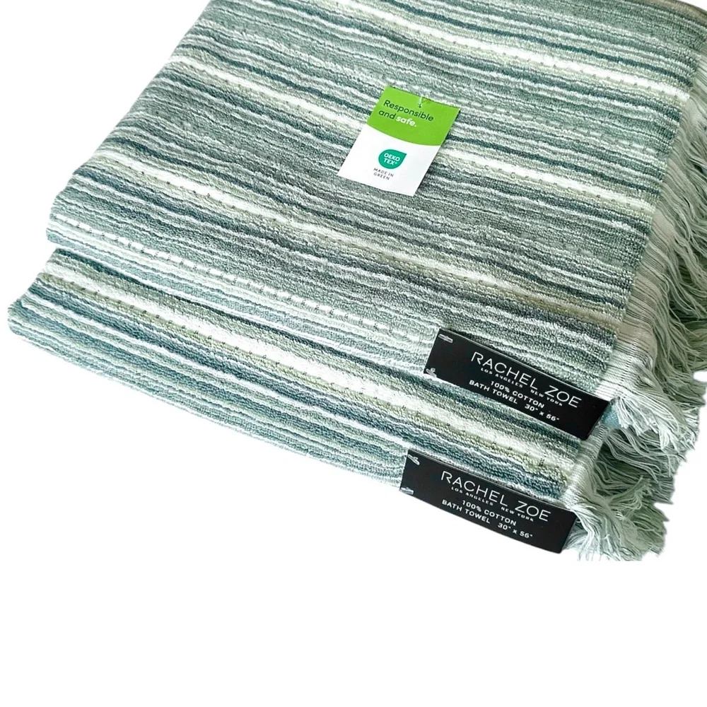 Rachel Zoe 2 Pc Cotton Bath Towels Set Grayish/ Blue & Ivory Stripes W/ Fringe